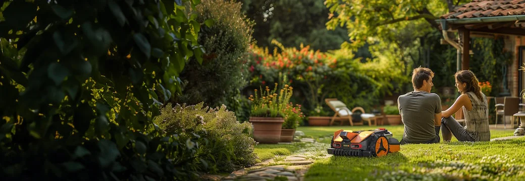 Zwei Personen entspannen sich im Garten, während ein Rasenmähroboter hinter ihnen steht.